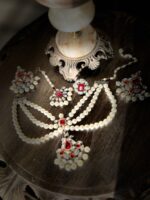 silver and deep red pearl necklace set - Image 3
