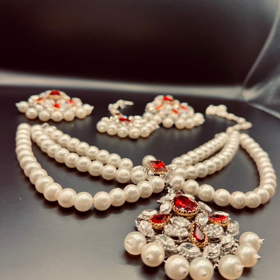 silver and deep red pearl necklace set